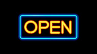 Siyah Arkaplanda Açık Metin Neon Işığı. Gece Kulübü Parlayan Neon İşaret Tarzı ile Açık Sancak. Hareket Canlandırması.