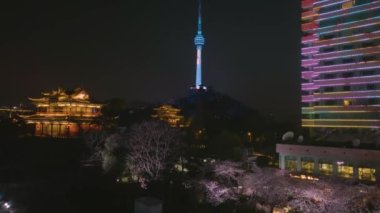Wuhan Hanyang Nehri plajı Qingchuan Pavyonu Parkı ve kiraz çiçeği manzarası