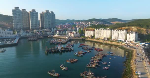 遼寧省大連市の漁師埠頭風景区の空中写真 — ストック動画