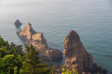 Dalian, Liaoning, Çin 'deki Binhai Yolu' nun bahar deniz manzarası.