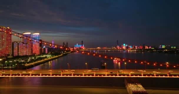 Wuhan Marcos Cidade Verão Horizonte Pôr Sol Vista Noturna — Vídeo de Stock