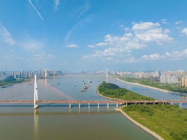 Wuhan Nehri Sahili ve Yangtze Nehri Köprüsü manzarası