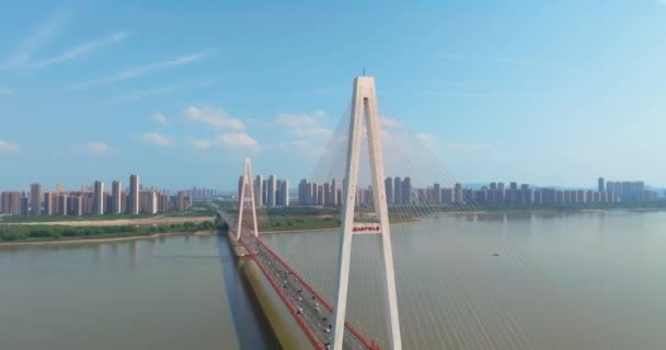 Wuhan River Beach Και Yangtze River Bridge Τοπίο — Αρχείο Βίντεο