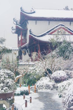 Kar manzaralı Wuhan Sarı Turna Kulesi Parkı