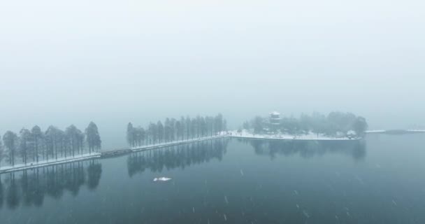 Снежный Пейзаж Района Восточного Озера Ухань — стоковое видео