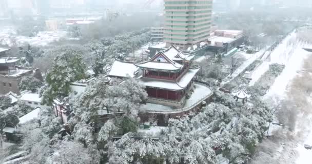 Wuhan Qingchuan Pavilion Park Snö Landskap — Stockvideo