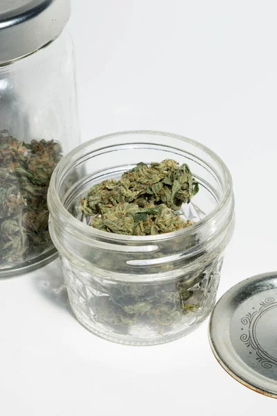 Dried Cannabis Leaves Glass Jar — Stock Photo, Image