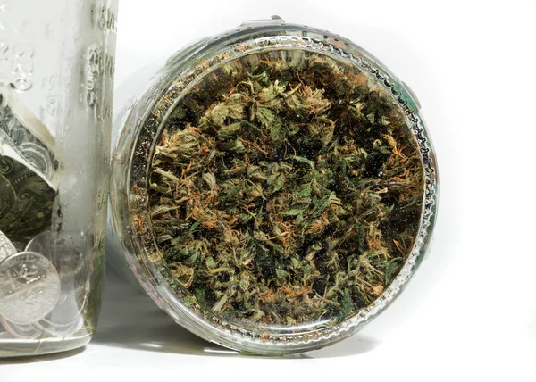 Dried Cannabis Leaves Glass Jar — Stock Photo, Image