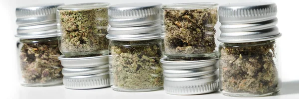 Small Glass Jars Marijuana Cannabis Isolated White — Stock Photo, Image