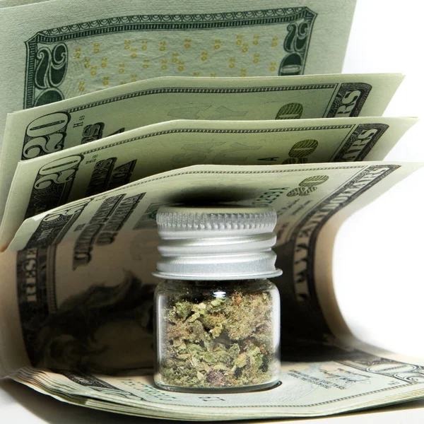 Bankovky Marihuanou Skleněné Sklenici Detailní Pohled — Stock fotografie
