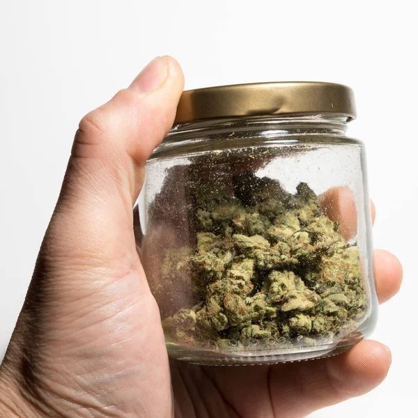 Human Hand Holding Glass Jar Cannabis — Stock Photo, Image