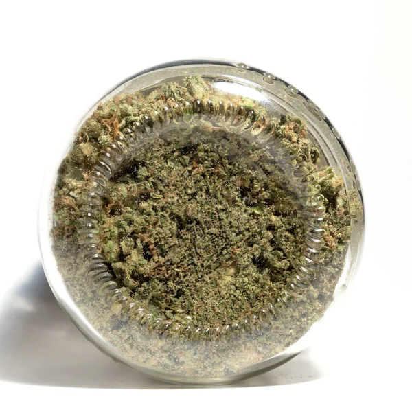 Słoik Kwiatem Konopi Pączek Marihuany — Zdjęcie stockowe
