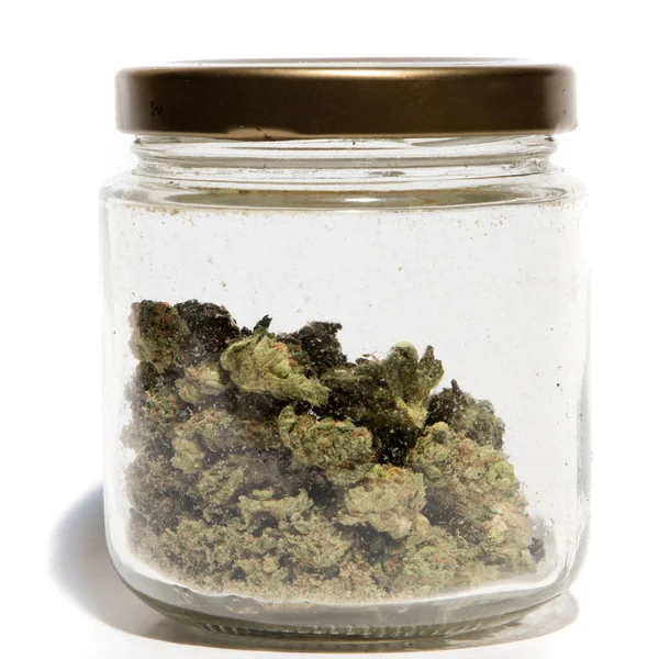 Glazen Pot Met Gedroogde Marihuana Bloemen Close — Stockfoto