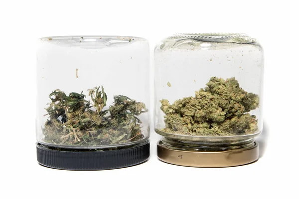 Two Glass Jars Marijuana White Background — Stock Photo, Image