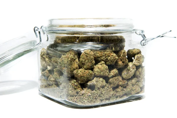 Pot Avec Cannabis Isolé Sur Fond Blanc — Photo