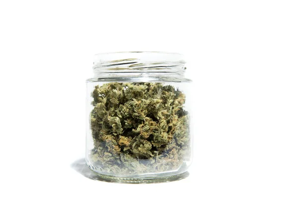 Frasco Com Cannabis Isolada Fundo Branco — Fotografia de Stock