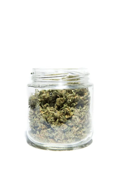 Frascos Vidrio Con Cannabis Sobre Mesa Madera — Foto de Stock