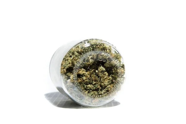 Jar Med Cannabis Isolerad Vit Bakgrund — Stockfoto
