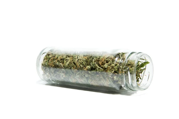 Glass Jar Dried Marijuana Isolated White Background — Stock Photo, Image
