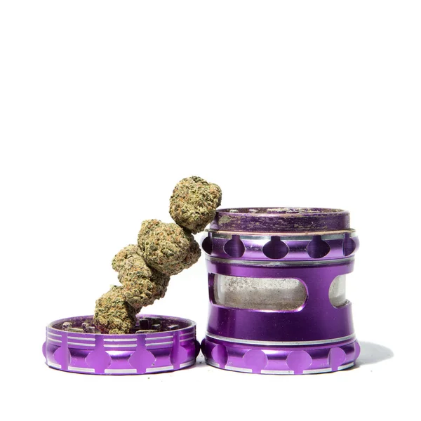 Marijuana Flowers Purple Metal Grinder — Stock Photo, Image