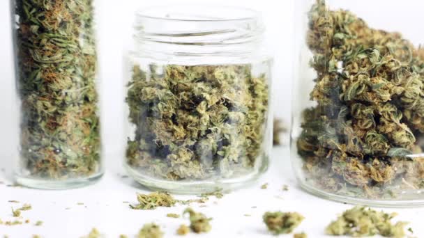 Μαριχουάνα Και Cannabis Buds Μετακίνηση Γύρω Στο Λευκό Φόντο Stop — Αρχείο Βίντεο
