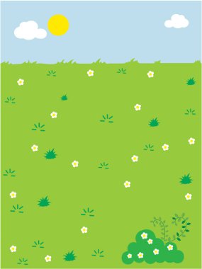 Ağaç, çiçek, çimen, güneş, ağaçlar ve bulut illüstrasyon pankartıyla bahar çayırı