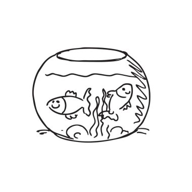 Balıklı akvaryum el çizimi vektör çizimi