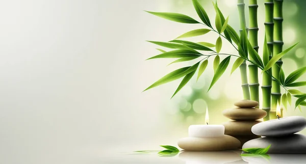 Zen concept banner. Spa wellness background with green bamboo, candles, zen stones, and copy space.