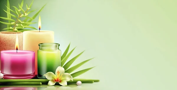 Zen, spa, wellness banner. Flowers, candles, green leaves on a pale yellowish-green background. Copy space.