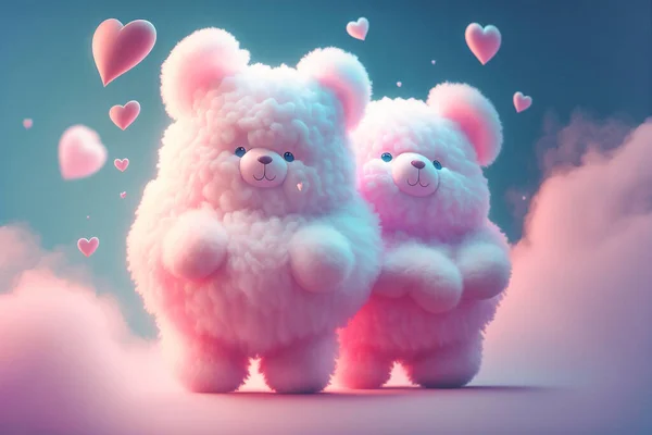 Pink fluffy teddy bears surrounded by pink clouds