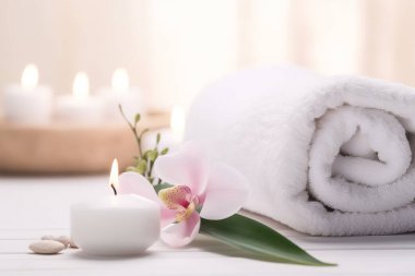 Mumlar, beyaz havlular ve taze çiçeklerle çevrili huzurlu bir spa merkezi.