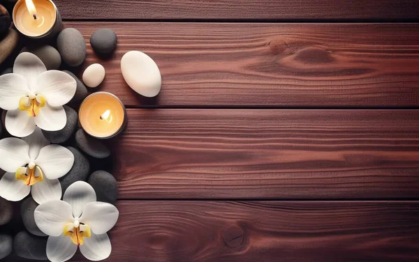Relaxation and beauty come together in this spa concept of a wooden table, massage stones and white flowers