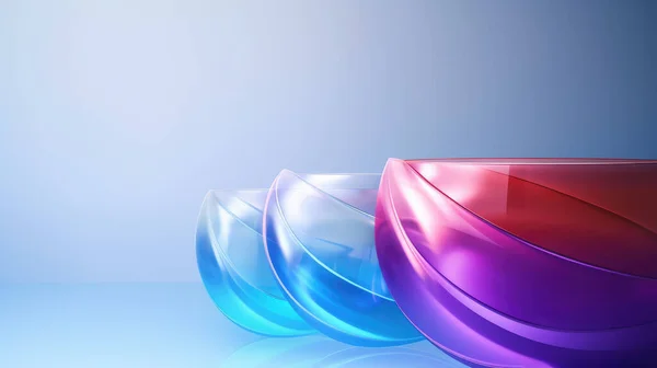 Drie Kleurrijke Glazen Schalen Tegen Een Blauwe Achtergrond Stockfoto