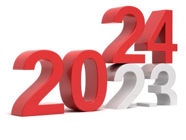 2024 yeni yıl konsepti. Beyaz arkaplanda 3 boyutlu kırmızı parmaklar izole edilmiş. 3B illüstrasyon.