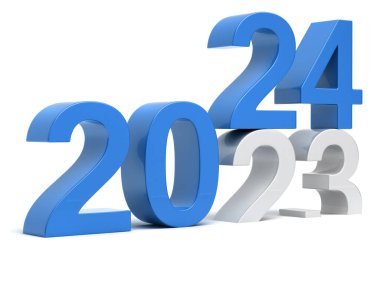 2024 yeni yıl konsepti. Beyaz arkaplanda 3 boyutlu mavi parmaklar var. 3B illüstrasyon.