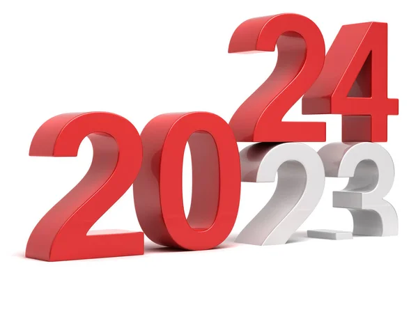 2024 Nieuw Jaar Verandering Concept Rode Cijfers Geïsoleerd Witte Achtergrond Rechtenvrije Stockafbeeldingen
