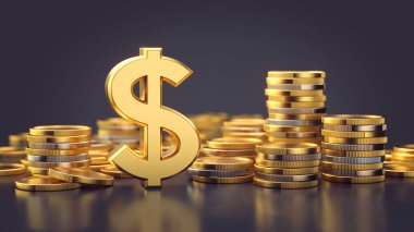 Altın para işaretleri altın para yığınlarıyla çevrili.