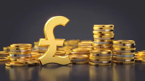 stock image Golden pound sign surrounded by stacks of gold coins symbolizing British currency