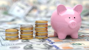 Arka planda yığınla bozuk para ve Amerikan doları banknotları olan bir kumbara..