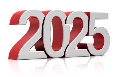 Yansıtıcı yüzeyde 3B rakamlar halinde 2025, yeni yılı ve gelecekteki görünümü sembolize ediyor.
