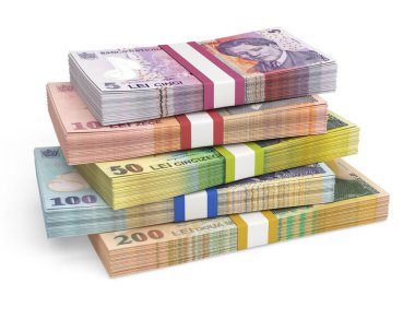 Romen Leu banknotlarının yığını farklı değerlerde
