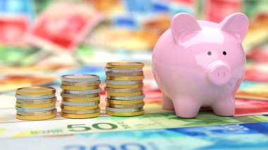 İsrail Shekel banknotlarında yığınla madeni para olan Piggy Bank