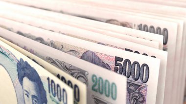 Japon Yen banknotlarının, finansal zenginliğin ve para biriminin yakın çekimleri