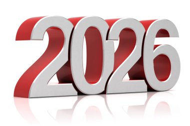 Yansıtıcı yüzeyde 3D rakamlar halinde 2026, yeni yılı ve gelecekteki görünümü sembolize ediyor.