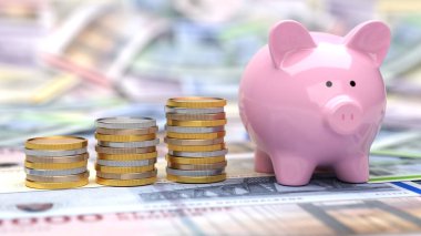 Danimarka kronu banknotlarının tepesinde, para yığınlarının yanında pembe bir kumbara duruyor..