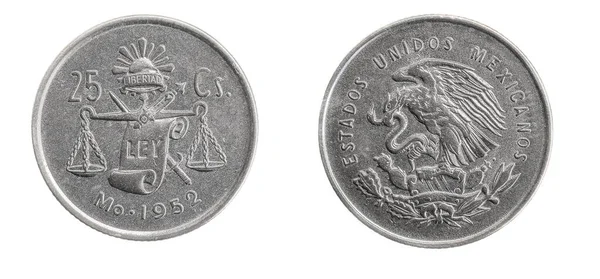 Μεξικό Εικοσιπέντε Centavos Νόμισμα Ένα Λευκό Απομονωμένο Φόντο — Φωτογραφία Αρχείου