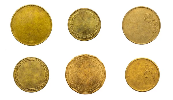 Staré Prázdné Zlaté Mince Bílém Izolovaném Pozadí — Stock fotografie