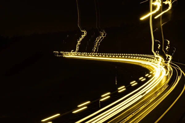 Luzes Amarelas Carro Noite Exposição Prolongada — Fotografia de Stock