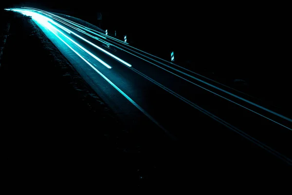 Blauwe Autolichten Nachts Lange Blootstelling — Stockfoto