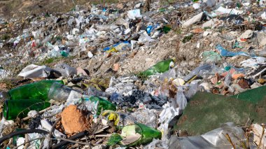 Vahşi çöp yığını. Kalan camlar, ormandaki plastikler.